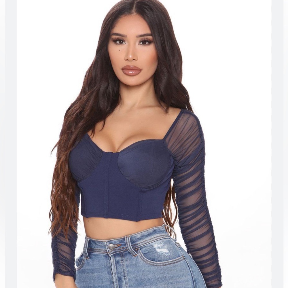 Navy Mesh Sleeve Crop NWT